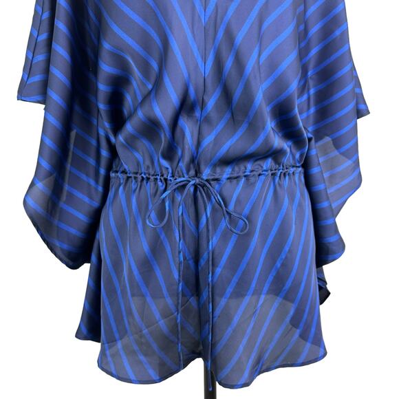 Lauren Ralph Lauren S/M Blue Stripe Kimono Sleeve Drawstring Satin Tunic Blouse - Picture 5 of 9
